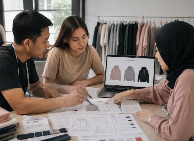 Ilustrasi perbedaan makloon full package dan CMT dalam produksi fashion, menampilkan alur produksi pakaian dari konsultasi desain hingga produk siap jual di pabrik garment modern.
